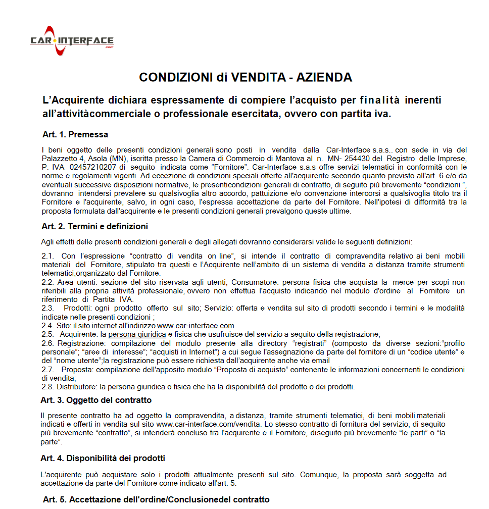 Condizioni di vendita per Aziende e Professionisti